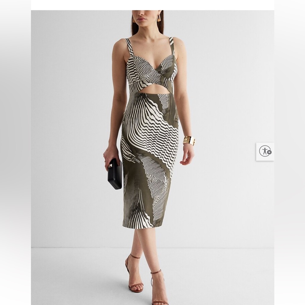 Express Abstract Olive & White Sexy Cutout Midi Dress 8/10 - Picture 3 of 13
